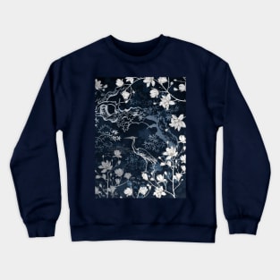 Heron bird on dark background with magnolia e sakura tree Crewneck Sweatshirt